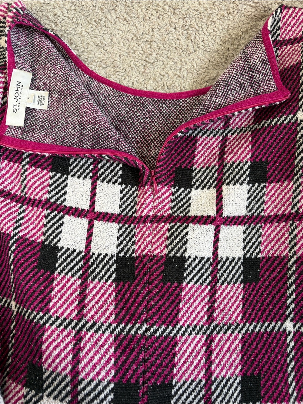 St. John Collection Pink Black White Plaid Slub Knit Wool Blend Midi Dress Sz 4 - Picture 12 of 12